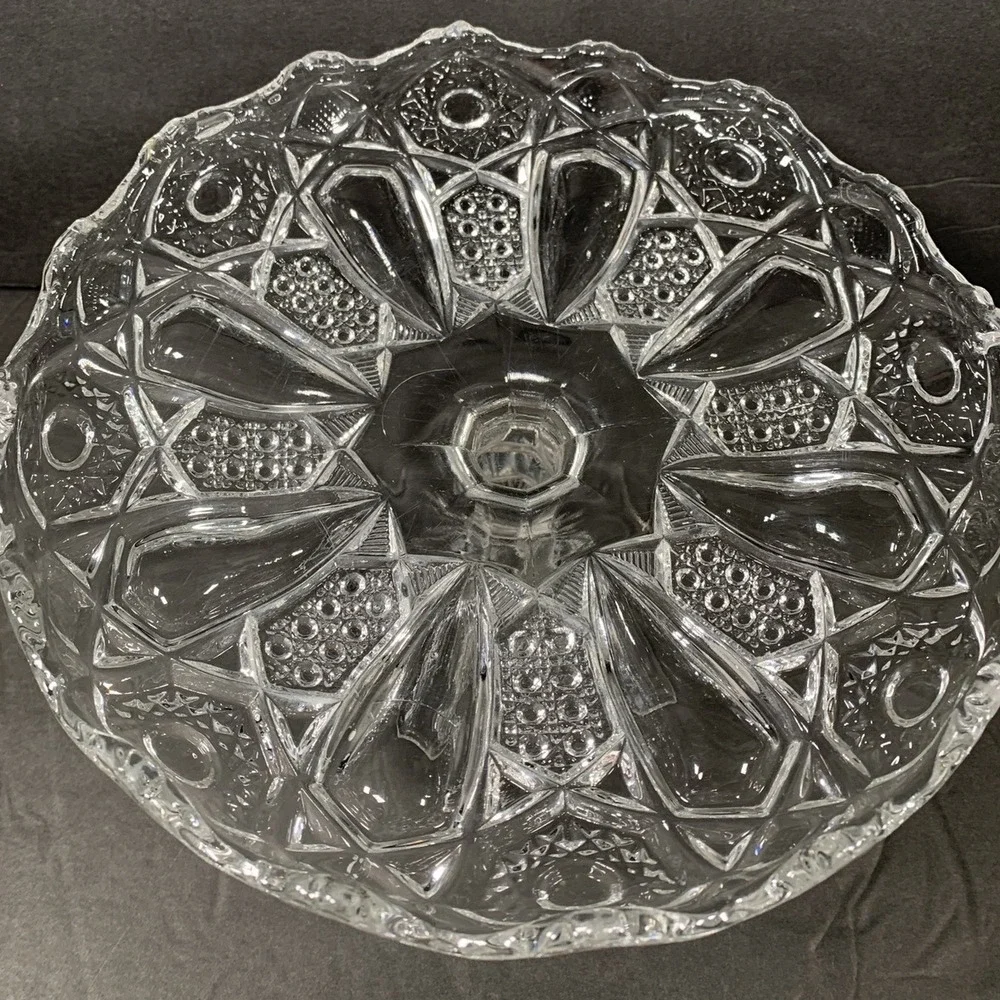 Panama EAPG Clear Pressed Glass Pedestal Cake Stand Scalloped Rim Starburst Base